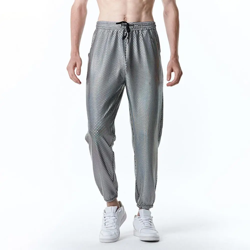 Calça de seda gelo perna larga masculina, Calças soltas, Seção fina, Cortina, Desportivo, Casual, Retro, Disco Club, Festa de Verão