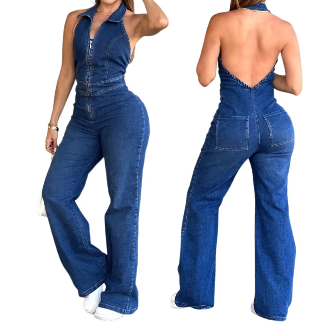 Mono de mujer de verano Sexy ajustado sin mangas sin espalda elástico Denim Halter mono Casual de cintura alta piernas anchas Jeans mameluco