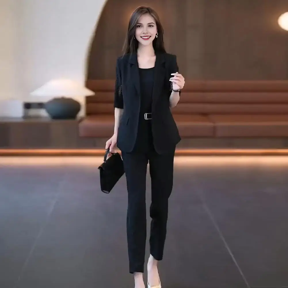 Commuting Half-sleeved Coat Elegant Women\'s Formal Suit Set with Sleeveless Vest High Waist Pants Half Sleeve Lapel for Office