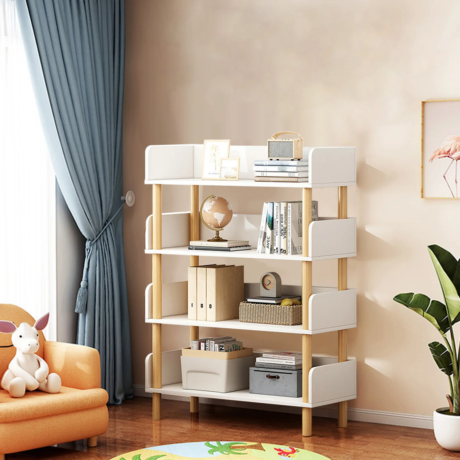 4-Tier Wooden Open Bookcase - Modern Display Bookshelf with Top Edge and Solid Wood Frame for Home and Office, Storage Cabinet,