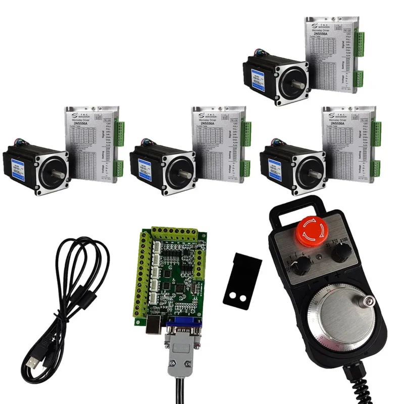 USB Mach3 Motion Control System 4-Axis Cnc Kit 556 Driver Nema 23/57 Stepper Motor 3Nm Emergency Stop Handwheel