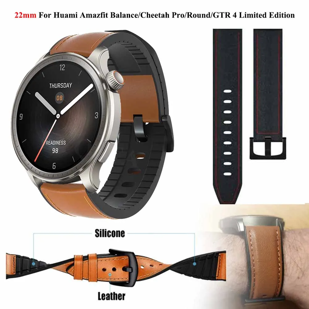 22mm Leather+Silicone Strap For Huami Amazfit Balance Bip 5 GTR 4 3 Pro Limited Edition Bracelet For GTR 47 Smartwatch Wristband