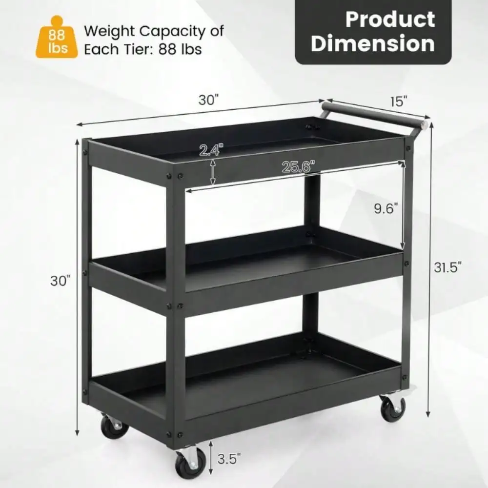 264 lbs Load Utility Cart 3-Tier Metal Mental Storage Service Trolley