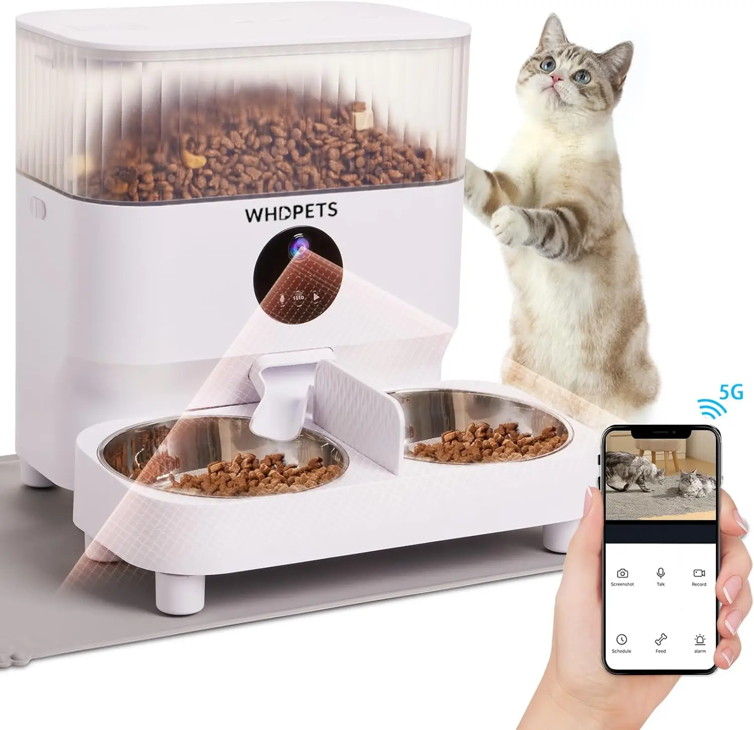 WHDPETS Automatic Cat Feeders 5G WiFi Cat Food Dispenser with 1080P Camera for Pets 5L Pet Feeder with Feeding Mat APP Control