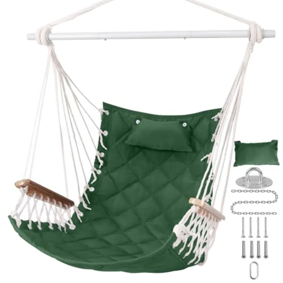 

Hammock Chair Hanging Swing with Wooden ArmrestSteel Spreader Bar Pillows Hardware kit Included;Cotton Woven;Up to 350 Lbs for
