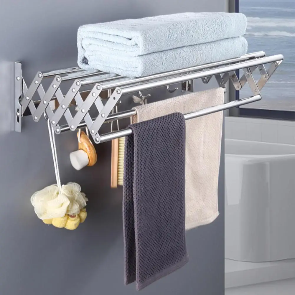 

Foldable Clothes Drying Rack Wall-Mounted Clothes Towel Rack Corrosion Resistant Expandable Retractable Bathroom Laundry Rack