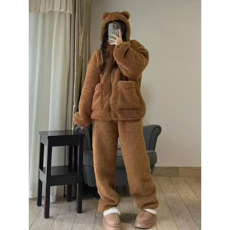 Autumn and Winter Clearance Pajamas Homewear Set Coral Fleece Pajamas Must-have Warm Bear Shape Set At Home Women's Sleep Lounge