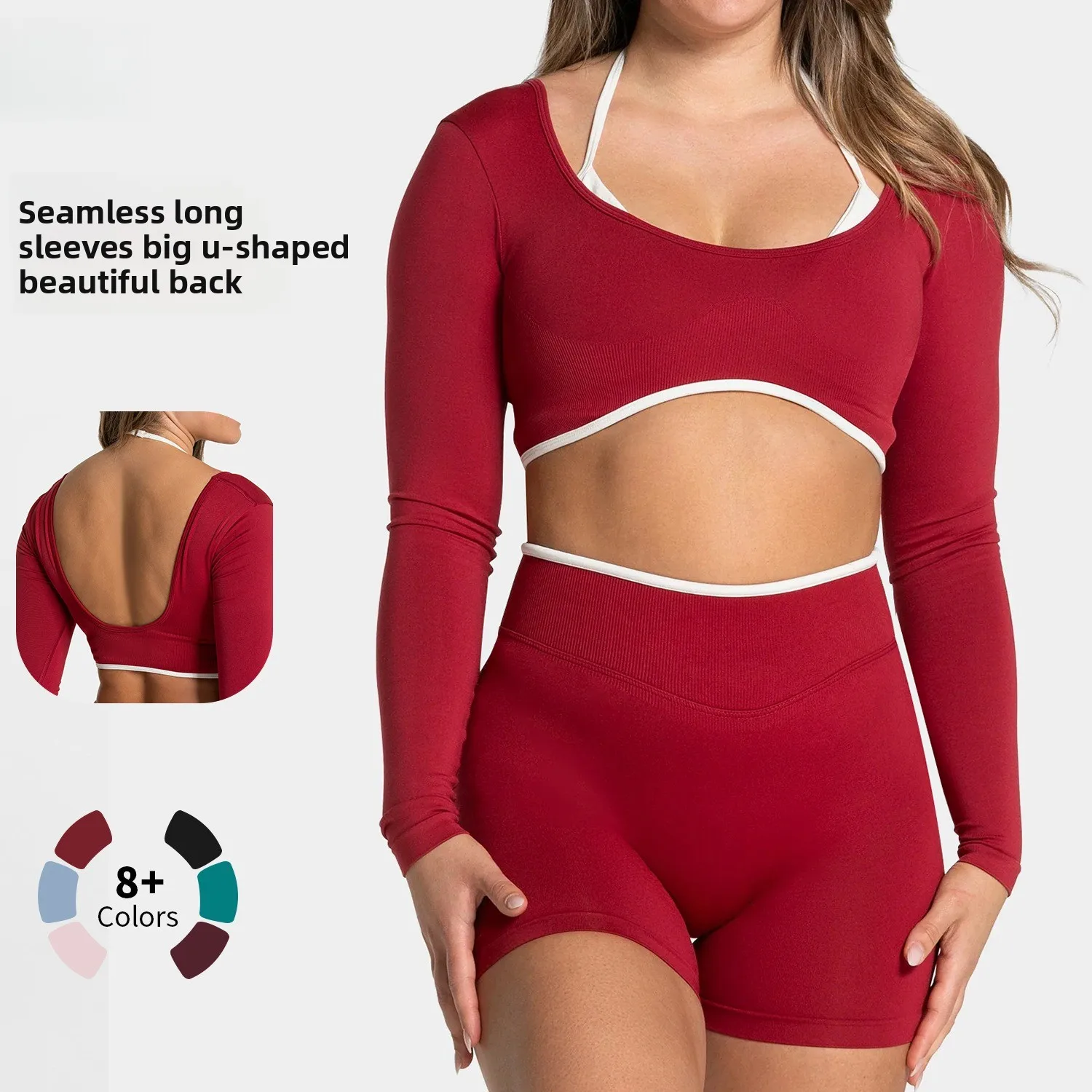 

European and American Seamless Fake Two-Piece Long-Sleeve Yoga Top for Women - Running Fitness Sports Yoga Wear Top