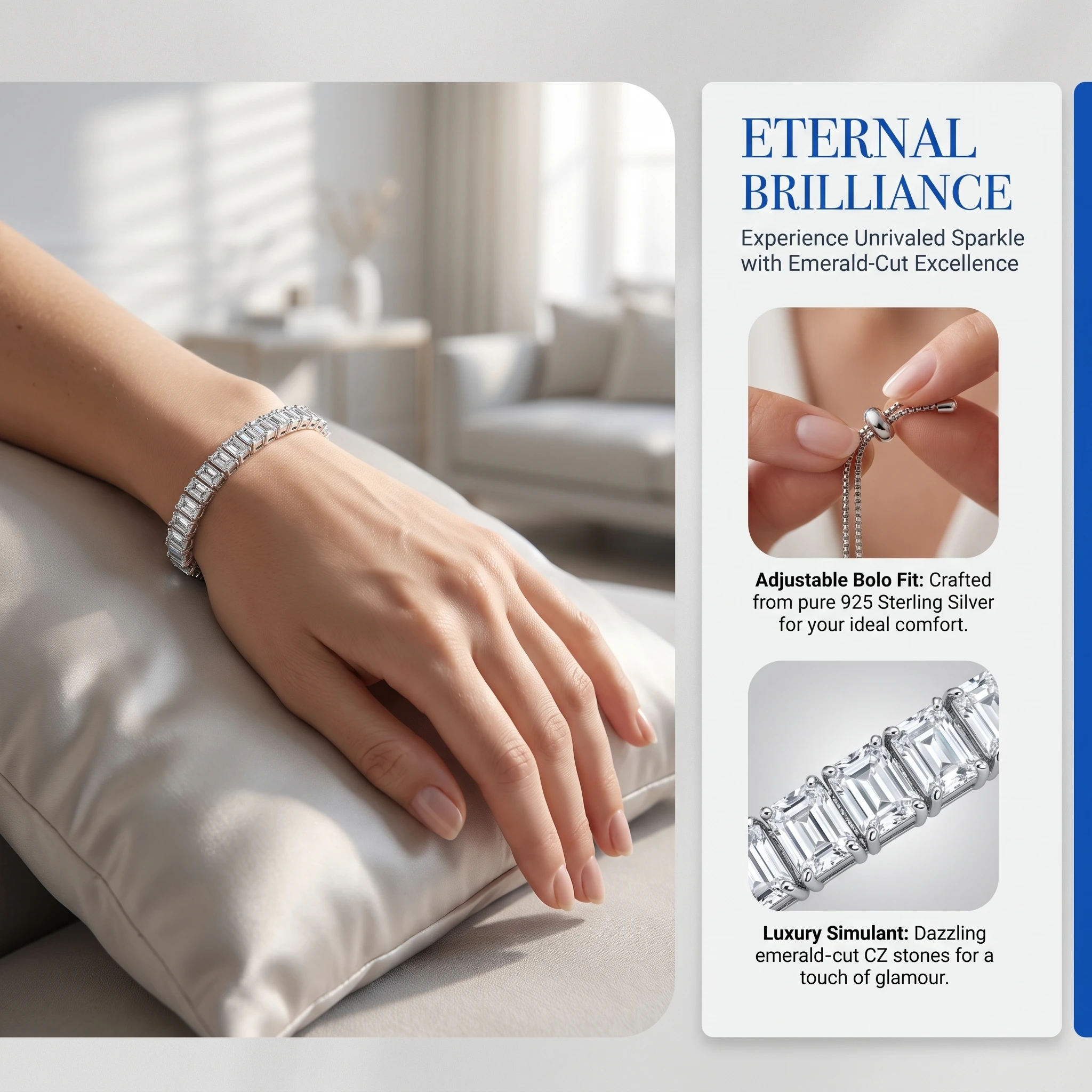 925 Sterling Silver Adjustable Bolo Bracelet with Emerald-Cut CZ, Luxury Square Diamond Simulant Jewelry for Women.