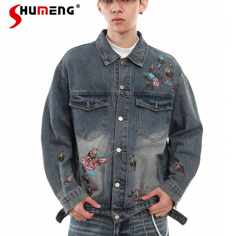 

Men Women 2025 Autumn New Denim Jackets Stylish High Street Trend Loose Lapel Jacket Fashion Retro Floral Embroidery Denim Coats