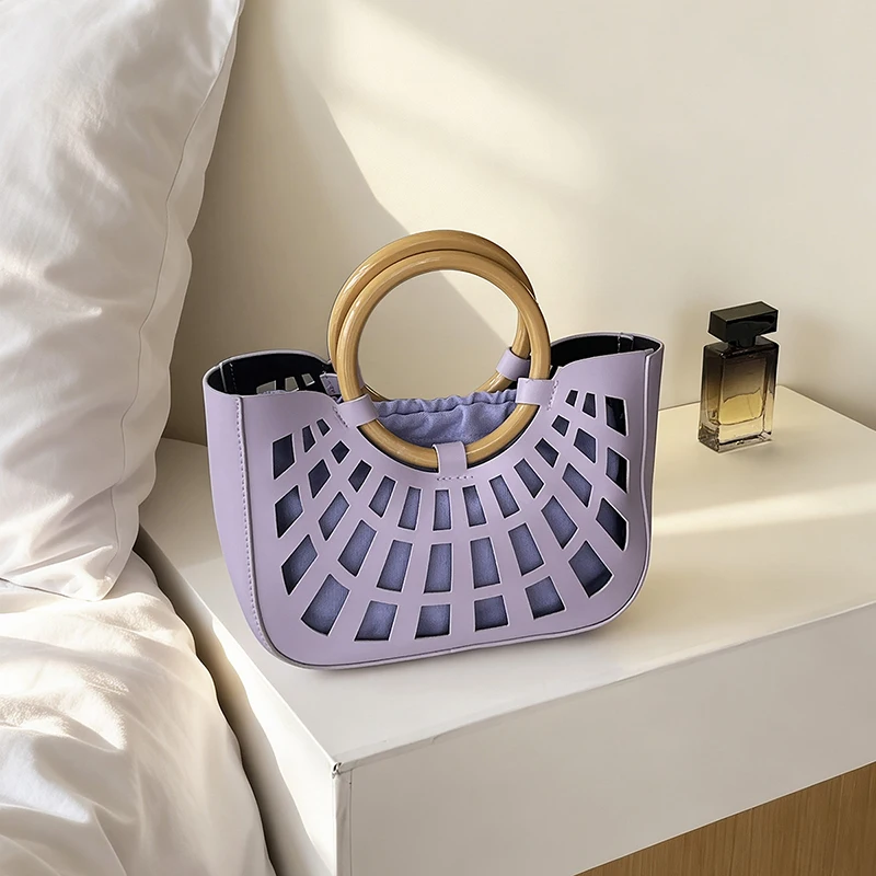 Women Hollow Out Mini Tote Bag Wooden Ring Handle Handbag Summer Beach Vacation Casual Party Shoulder Purse for Ladies