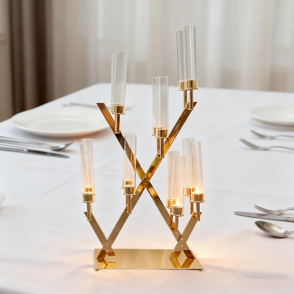 14-Head X-Shaped Gold-Plated Candle Holder Centerpiece with Glass Cover Perfect for Wedding Christmas Table Decoration WT007
