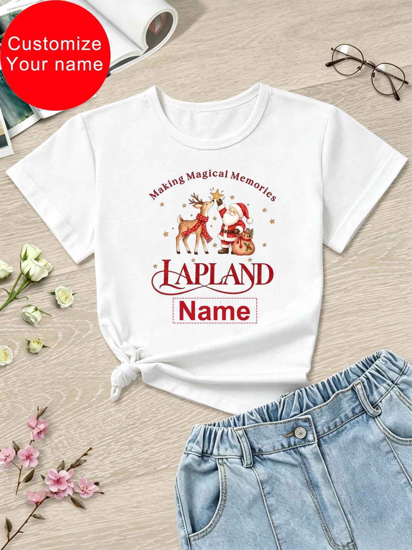 Customize Your Name Going To Find Santa In Lapland Santa Claus Reindeer Printed T Shirt Girls/Boys Christmas Gift T-Shirt