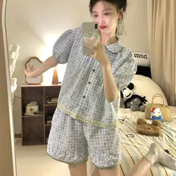 Plaid Women Pajamas Summer Floral Sleepwear Sleeveless Piiama Korean Night Wears Sets 2 Pieces Peter Pan Collar Home Suit 2024