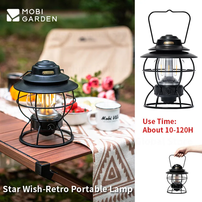 MOBI GARDEN Retro Portable Camping Lamp 10-120h Long Time Use Lamp Power Bank Stepless Dimming Type-C Charging LED Battery Lamp