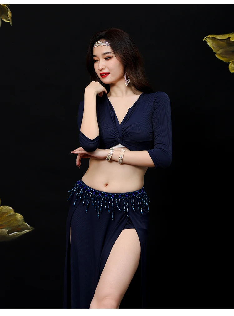 Belly Dance ชุดเครื่องแต่งกายผู้หญิง Oriental ฝึก Wear Bellydance ด้านบนของแข็งสีแยกชุดกระโปรงยาวชุดเสื้อผ้า