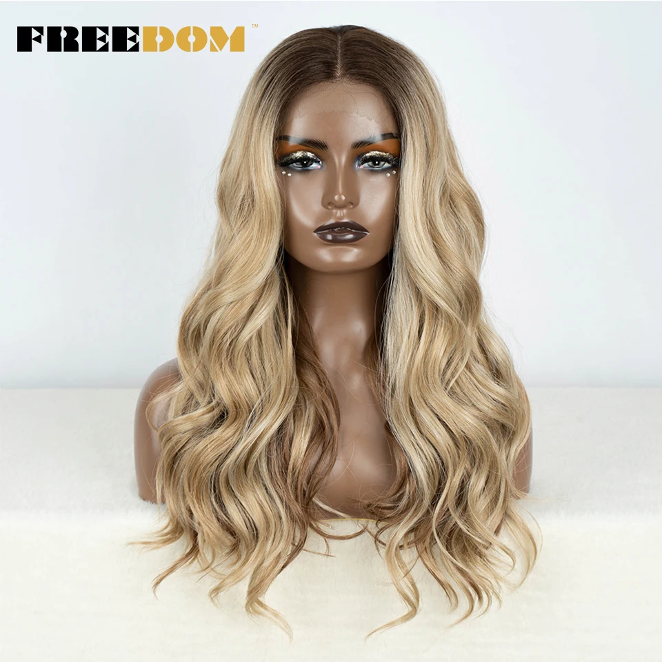 

FREEDOM Body Wave Synthetic Lace Front Wigs For Women 24 inch Wavy Lace Wig Ombre Brown Blonde Lace Wigs Easy Wear Cosplay Wig