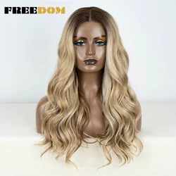 FREEDOM Body Wave Synthetic Lace Front Wigs For Women 24 inch Wavy Lace Wig Ombre Brown Blonde Lace Wigs Easy Wear Cosplay Wig