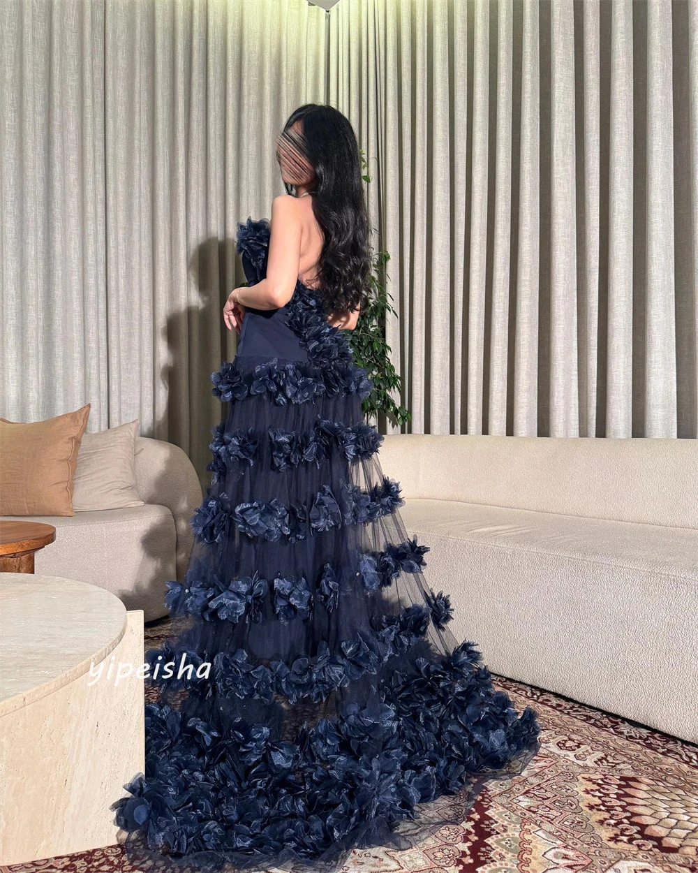 Customized Evening  Sexy Casual  Tulle Flower Beading Ruched Clubbing A-line Strapless Bespoke Occasion Gown Long Dresses