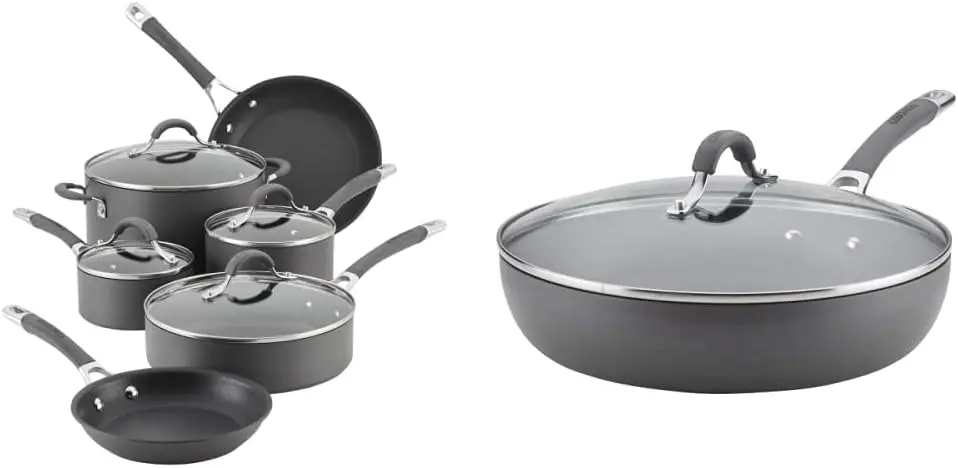 

10-Piece Nonstick Cookware Set with Deep Fry Pan, Hard Anodized, Dishwasher Safe, Gray