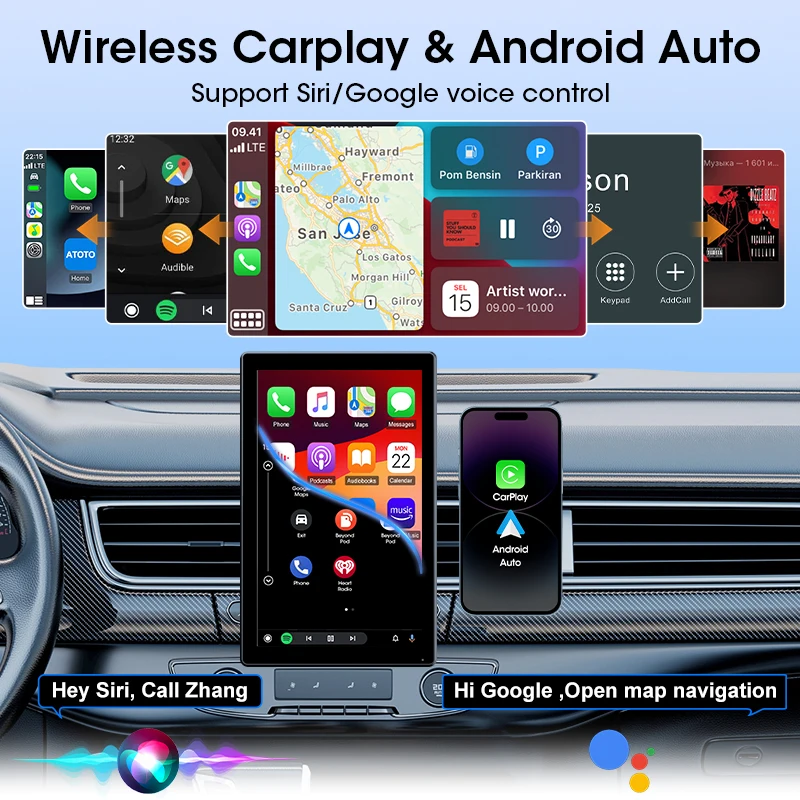 JMCQ 9" Vertical Screen Car Radio Multimedia Video Player Wireless Carplay Android Auto Magnetic bracket Car Monitors camera GPS