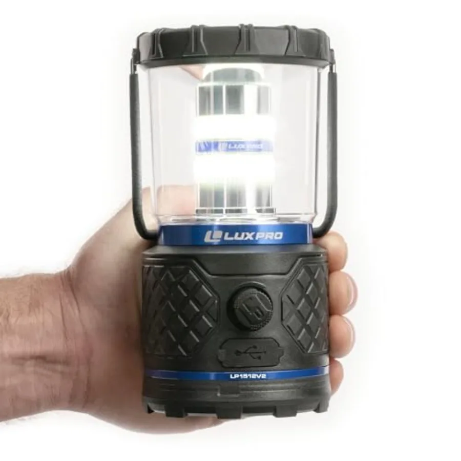 

Rechargeable dual-power 2000 lumen LED for camping, ABS plastic, black, 150-hour runtime with built-in power bank and IPX4 wate