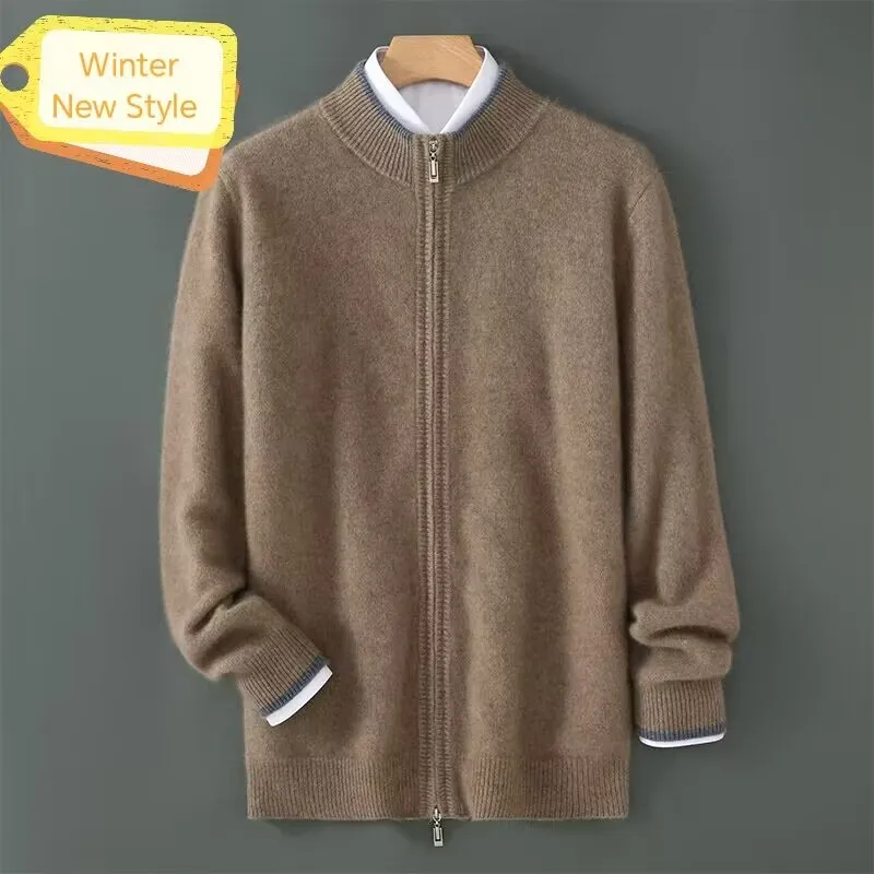 100% pure cashmere zipper cardigan men's autumn and winter thick loose stand collar jacket casual business base knitted sweaters