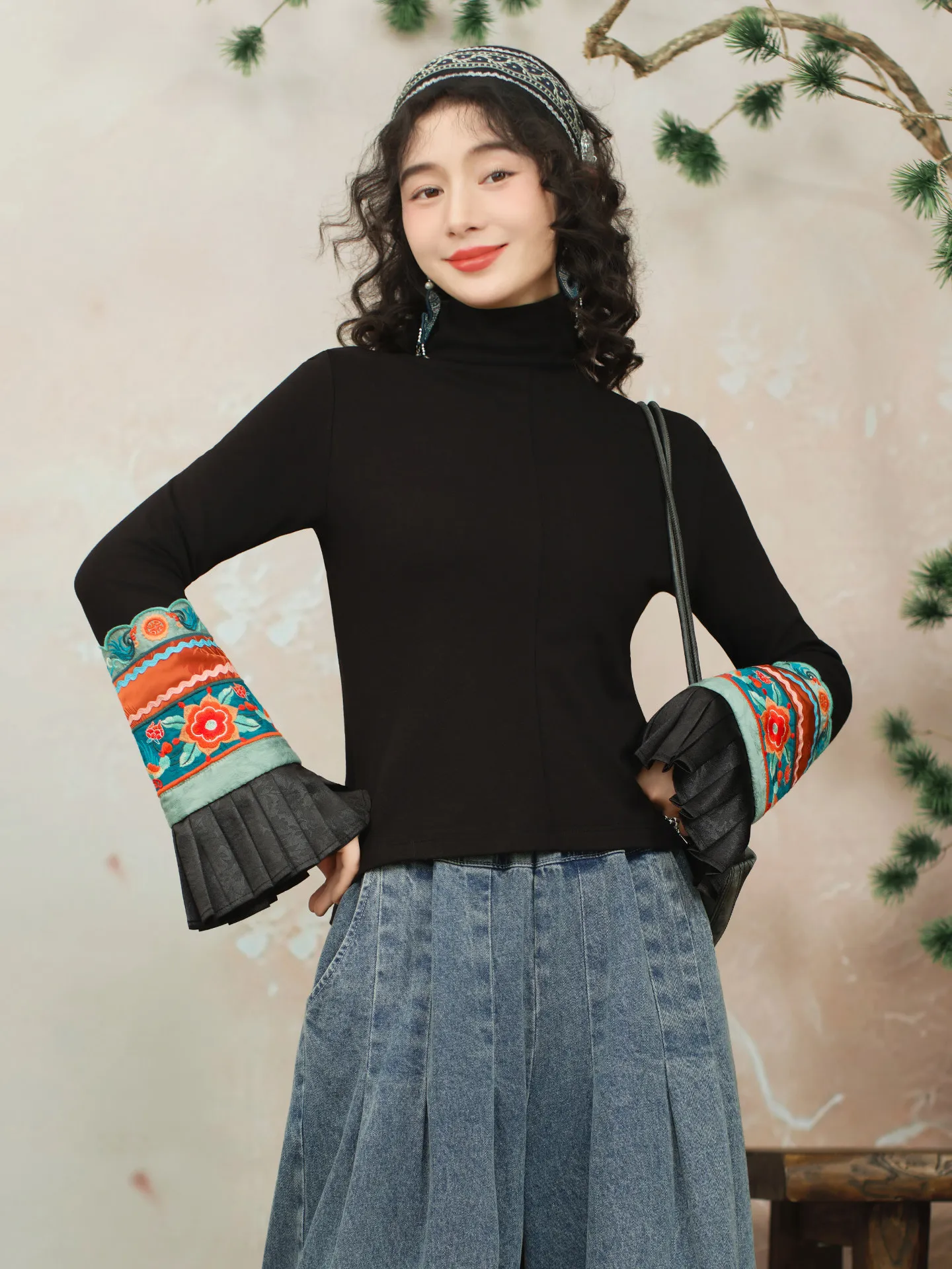 TIYIHAILEY Spring Autumn Tops For Women Long Flare Sleeve Tees Knitting Embroidery Black Shirt Patchwork Purple Turtleneck