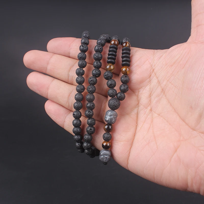 6mm Lava Stone Tiger-eye Beaded Necklace for Men and Women with Buddha Head Pendant