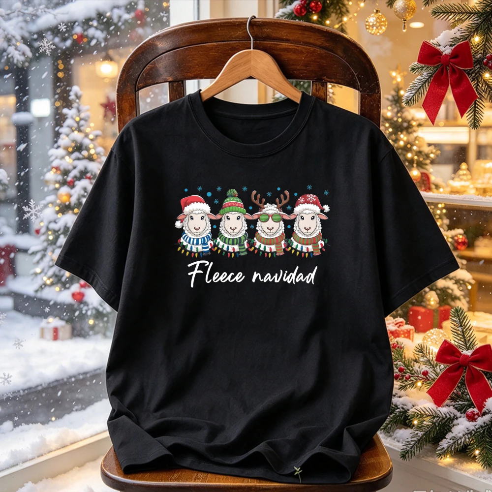 Fleece Navidad Cute Sheep Santa Hat Reindeer Antlers Christmas Lights Graphic Print Tees Funny Xmas Holiday Streetwear T-Shirt