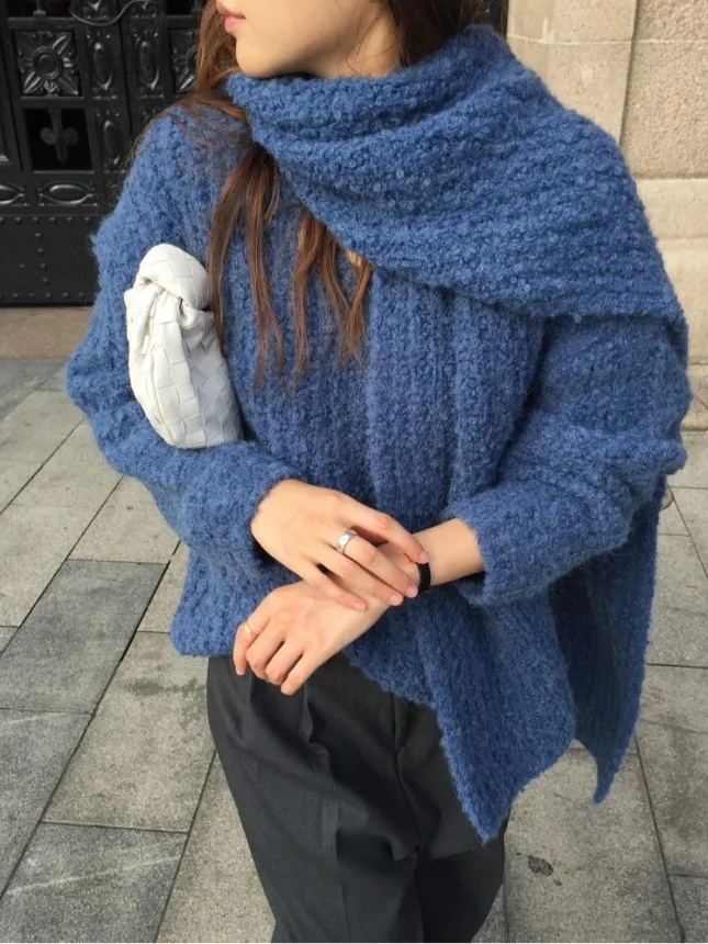 

Свободный вязаный комплект с V-образным вырезом и шарфом: теплый и комфортный женский повседневный костюм из полиэстера для осени и зимы