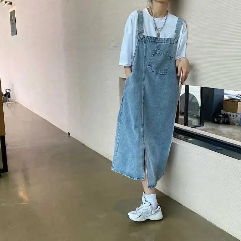 Korean style Denim Overall Dress Women Sleeveless Jeans Dresses Female Solid Slip Casual Loose Spaghetti Strap Dresses