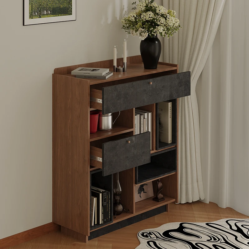 Simple floor-to-ceiling bookshelf in bedroom, low solid wood bookcase in living room, shelf display rack against the wall, integ