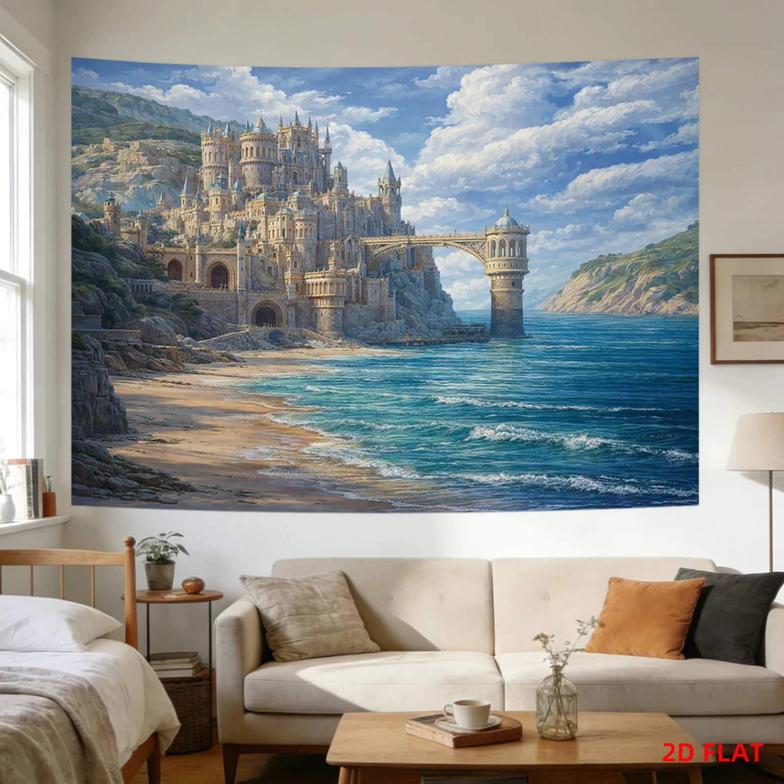 Fantasy Coastal Castle Tapestry with Beach Bridge Mountains and Clouds 180x320cm Wall Decor aesthetic room decor