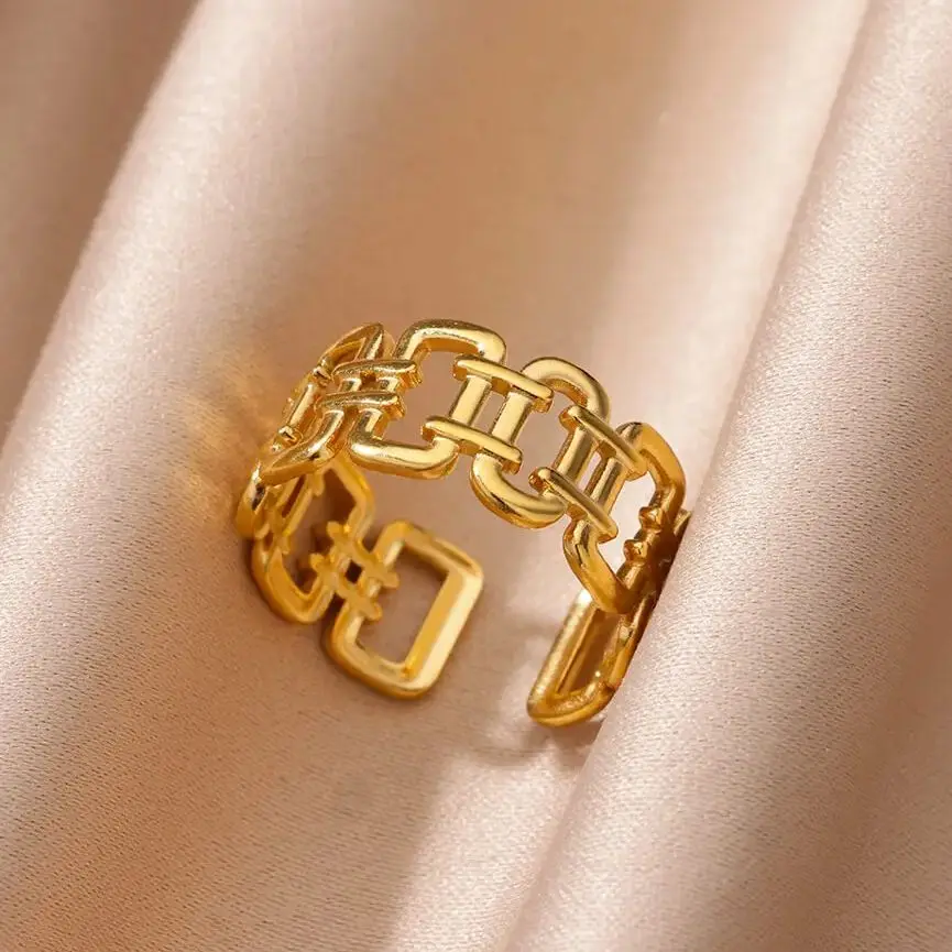 Hollow Stainless Steel Rectangle Rings For Women Gold Color Opening Geometric Ring Fashion Wedding Party Christmas Jewelry Gift