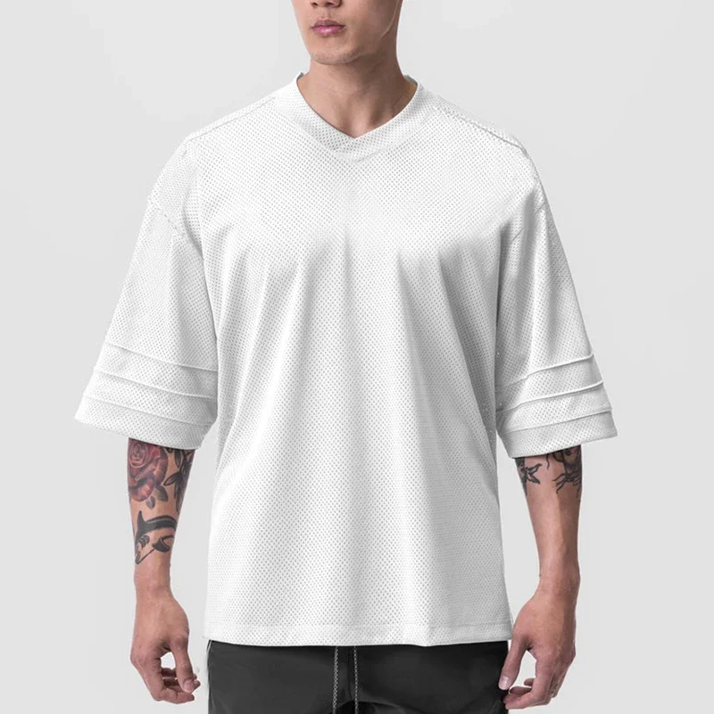 Mesh V Neck Oversized Half Sleeve Fitness T Shirt Mens Streetwear Hip Hop Fashion T-shirt Loose Gym Clothing Bodybuilding Tshirt