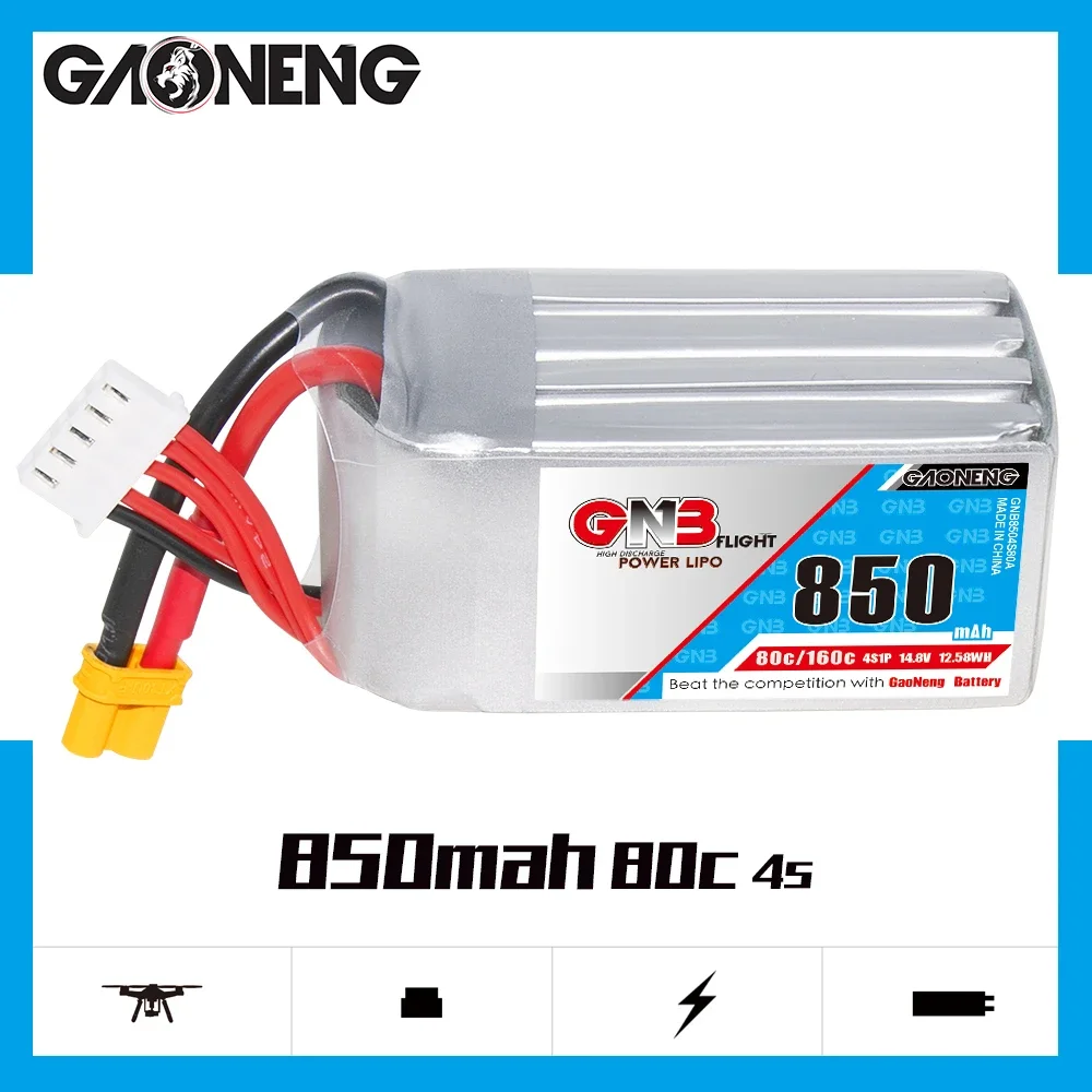 

GAONENG GNB 850mAh 4S 80C 160C 14.8V XT30 LiPo Battery Square Type Cinelog Cinewhoop Spare RC Parts Airplane Racing FPV