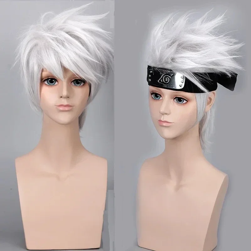 Anime Hatake Kakashi Short Synthetic Wigs Silver White Layered Heat Resistant Hair Cosplay Costume Wig