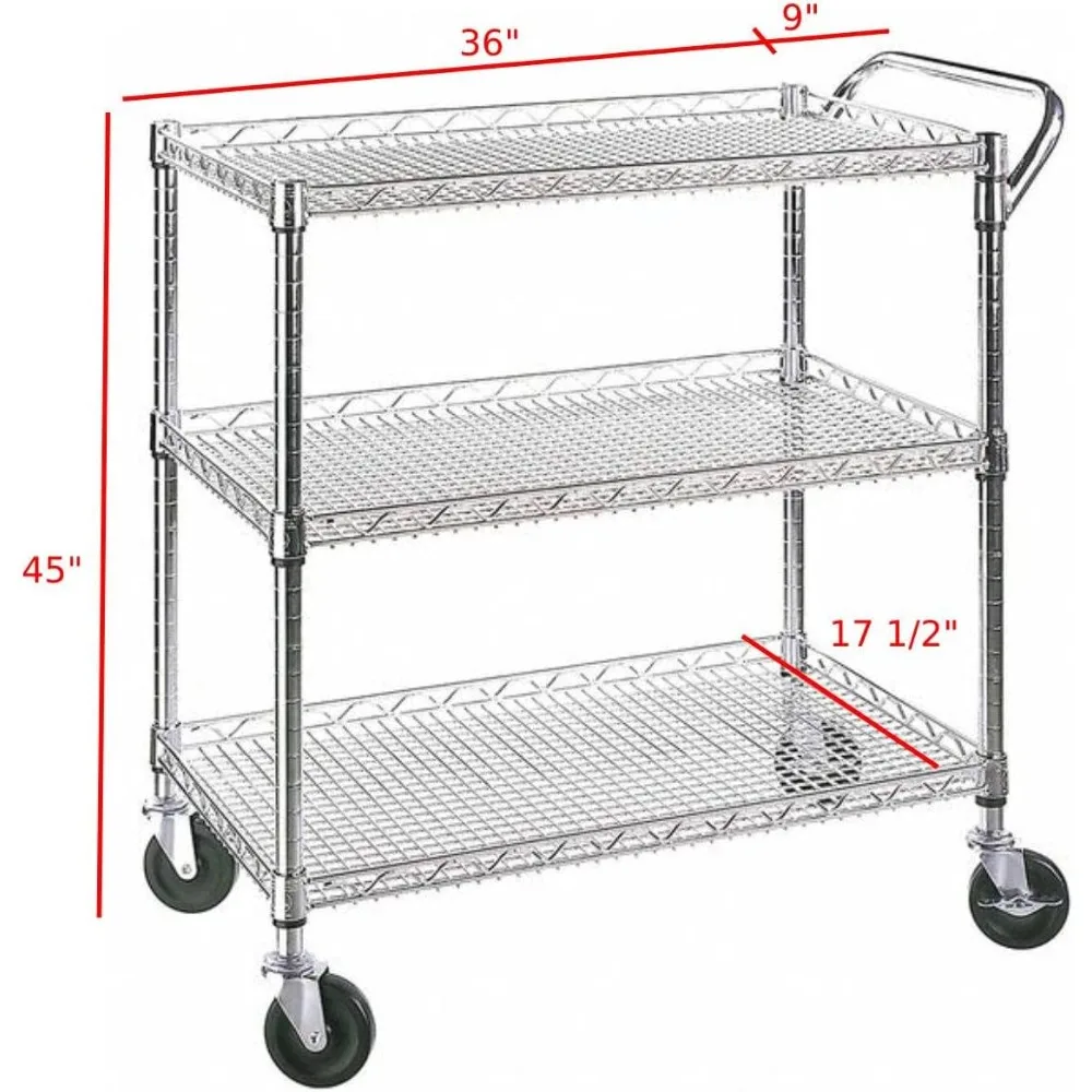 Heavy Duty 3 Tier Rolling Utility Cart Kitchen Cart on Wheels Metal Serving Cart Commercial Grade with Wire Shelving and Handle