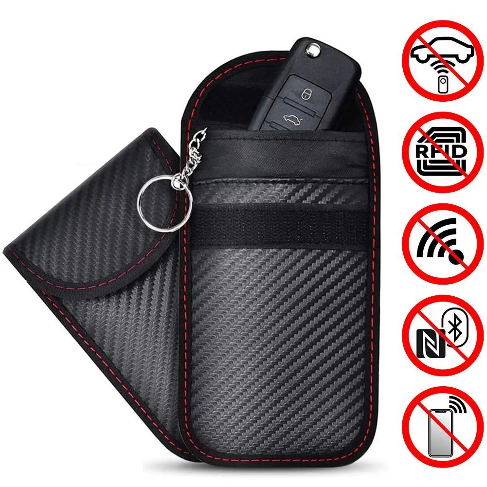 RFID Blocking Car Key Fob Pouch Carbon Fiber Signal Shielding Key Case Anti-theft Keyless Entry Signal Blocker Bag with Key Ring for Vehicle Security