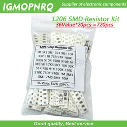 36Value each 20pcs =720pcs 1206 SMD Resistor Kit 1/4W 0.25W 5% 1 ohm~10 Mohm  component diy  kit 1R 3.3R 5.1R 1K 10K 100K 1M 10M