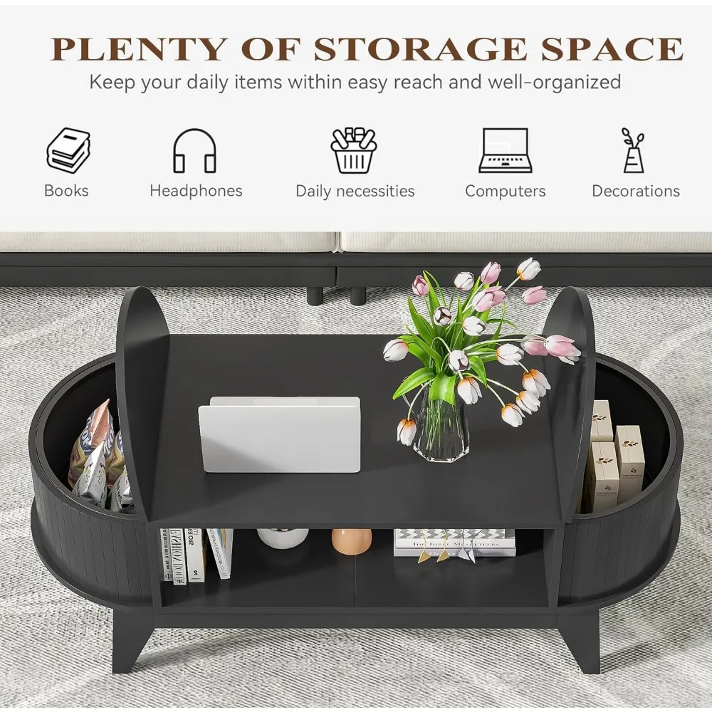 โต๊ะกาแฟทรงรีสไตล์มิดเซ็นจูรี่โมเดิร์น พร้อมที่เก็บของ โต๊ะกลางตกแต่งด้วยไม้ลายร่อง สำหรับห้องนั่งเล่น