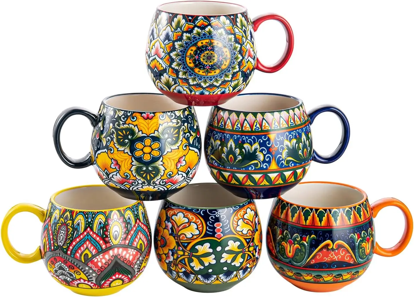

Colorful Ceramic Coffee Mug Set of 6, 20oz Boho Style for Cappuccino Tea Hot Chocolate, Microwave & Dishwasher Safe