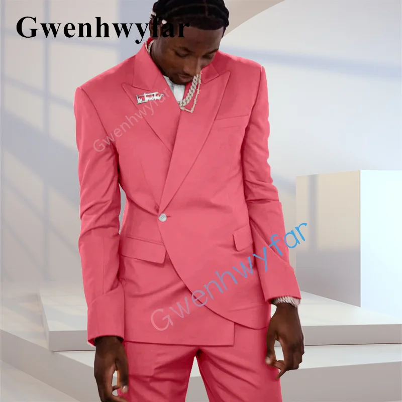 

Gwenhwyfar Luxury Men's Suit Set Groom Wedding Dress Tuxedo Fashion Design Party Banquet Bright Pink Blazer + Pants 2 Piecesi