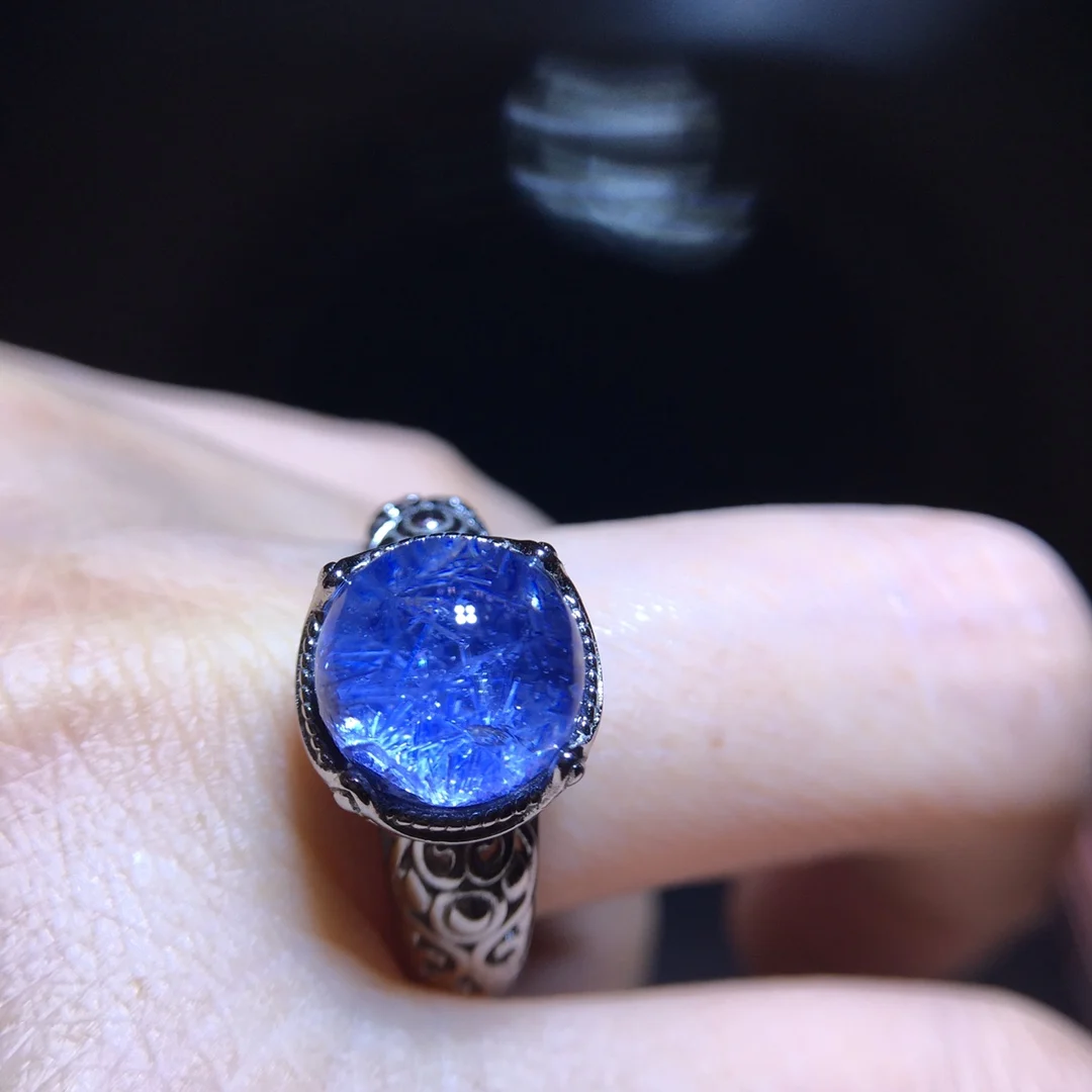 الطبيعية الأزرق Rutilated Dumortierite الكوارتز قابل للتعديل الدائري 9.7 مللي متر البيضاوي امرأة الرجال خاتم AAAAAAA #6