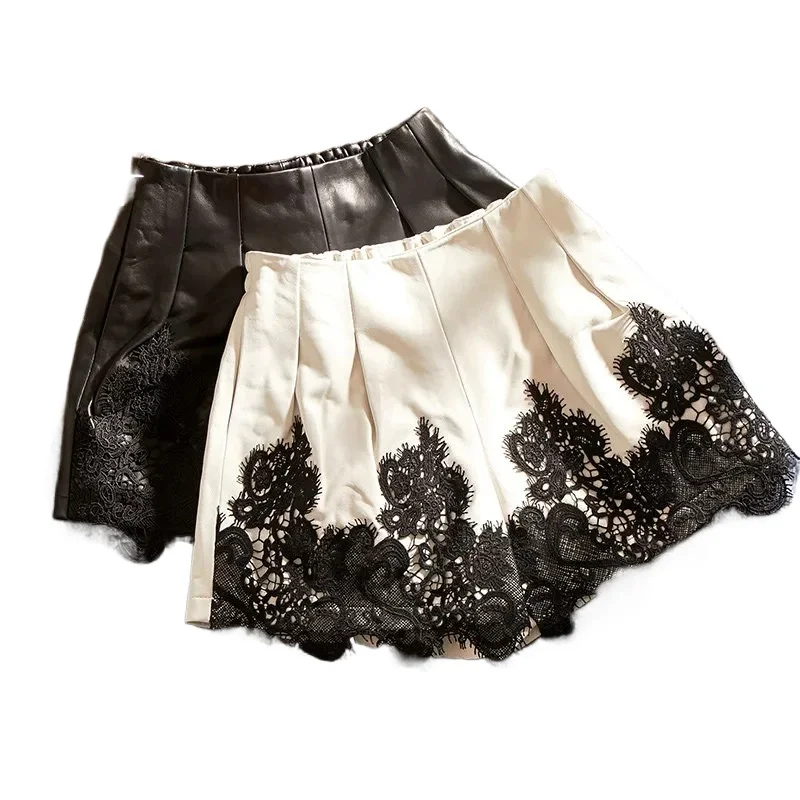 Real Sheepskin Leather Shorts Women Summer High Waisted Shorts Lace Splicing Short Hot Pants Women's Clothing Wide Leg Short SGG
