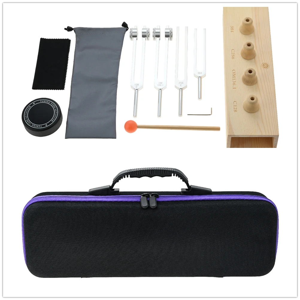 4pcs Tuning Forks 384Hz,C256Hz,OM136.1Hz,C128Hz Puck Activator Wooden Sound Box Silicone Hammer Chakra Sound Therapy Instruments