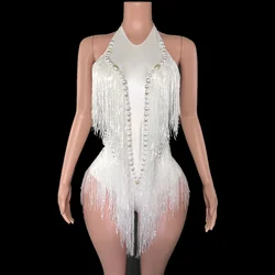 Sparkly White Pearls Sequins Fringes Bodysuit Sexy Tassel One-piece Dance Costume Singer Dancer Performance Show Stage Wear