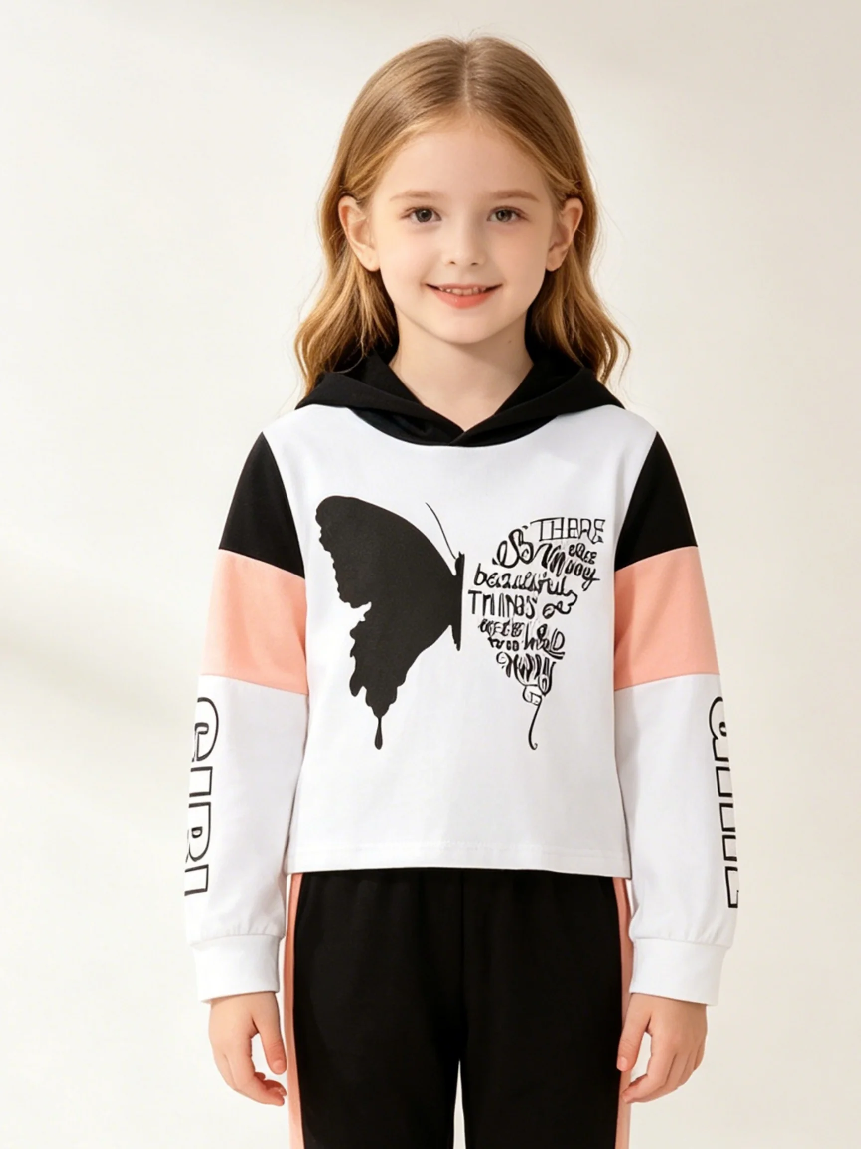 Girls Spring Autumn Color Block Hoodie Long Sleeve Shoulder Insert Sweatshirt with Black Butterfly Art English Print for Kids