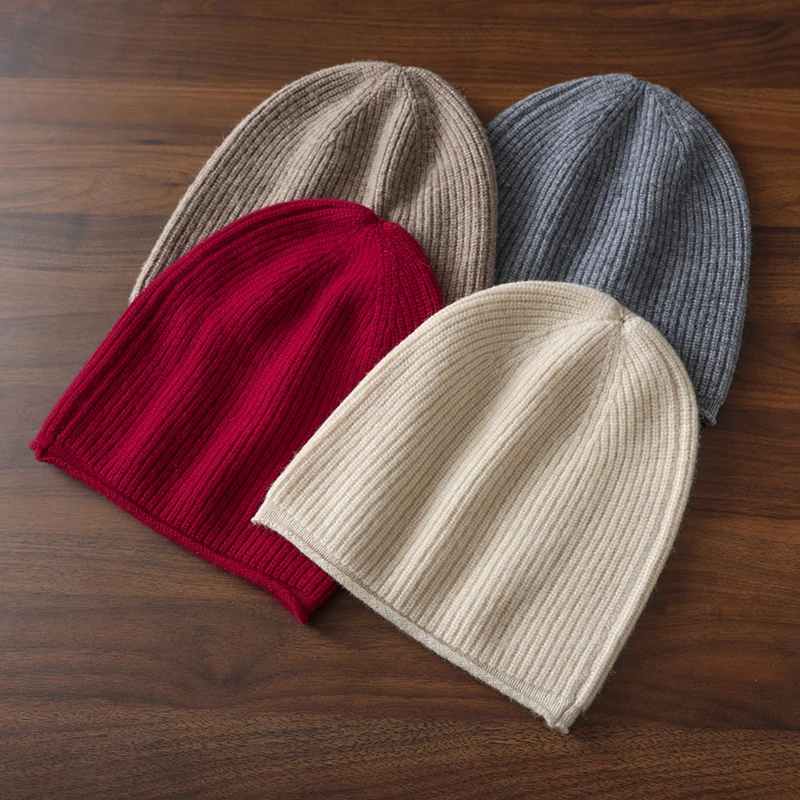 여성용 100% 순수 캐시미어 리브 니트 비니 겨울 따뜻하고 부드러운 스타일리시 다용도 가벼운 탄력성 있는 추운 날씨 액세서리